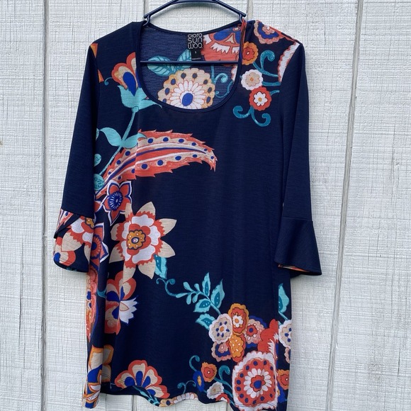 Clara Sun Woo Navy Floral Half Sleeve Blouse Shirt Top Small S Professional - Picture 1 of 4